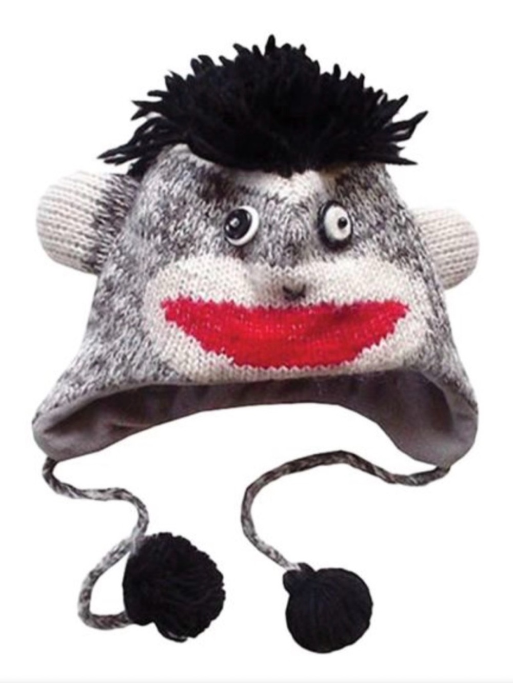 The Collection Royal Sock Monkey Knit Earflap Hat Beanie Pom-Poms Grey & Red